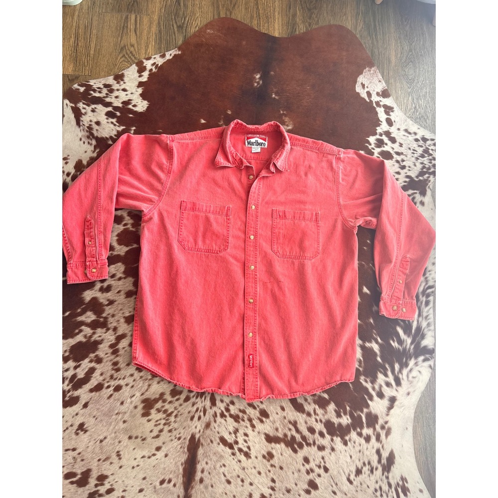 Vintage Marlboro Adventure Team Red Button Down Shirt Large Long Sleeve 90s